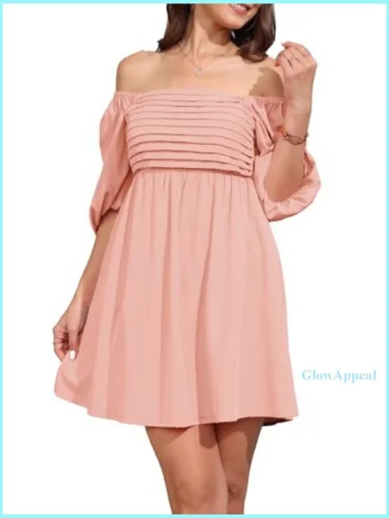 Square Neck Half Puff Sleeve High Waist A-Line Babydoll Mini Dress - Picture 3 of 7